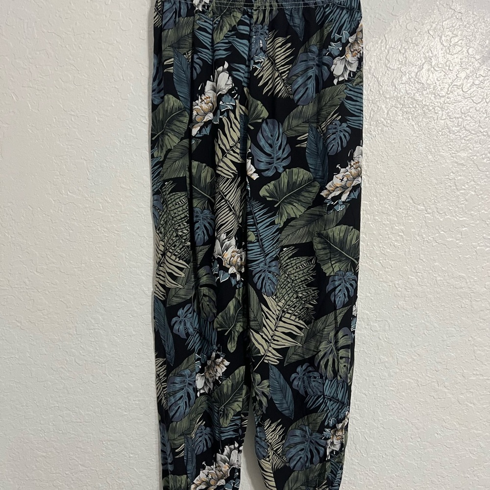 SHEIN Women Pants Medium Blue Green Floral Print Drawstring Tie Ankle Casual 299